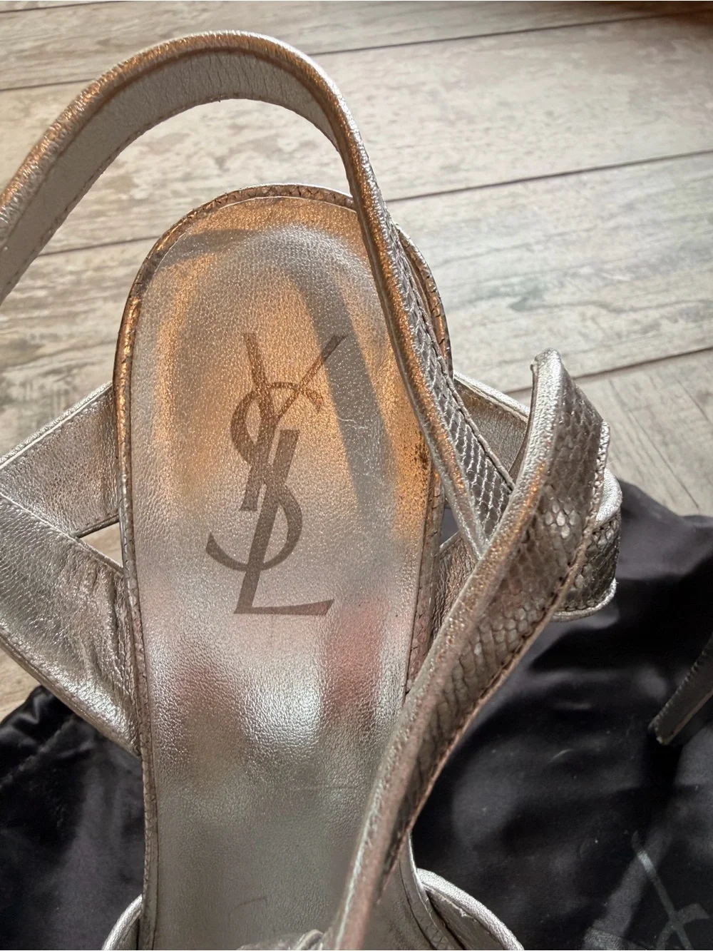 Saint Laurent Metallic Silver T-Strap Woven Heels - Picture 4 of 9